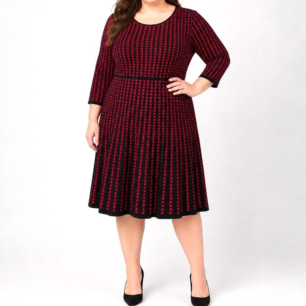 Lane Bryant Red Black Geometric Knit Fit Flare Sweater Dress 14 16 Holiday